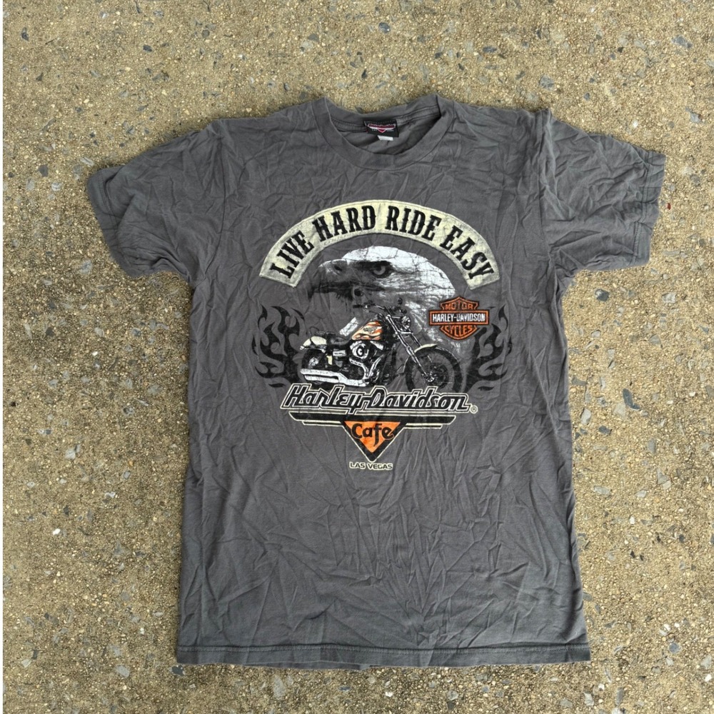Harley-Davidson Cafe Las Vegas Graphic T-Shirt Gray Live Hard Ride Easy Medium